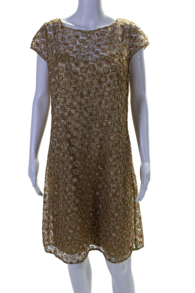 Kay Unger Women's Sleeveless Crochet Sequin A-Line Mini Dress Gold Size 14