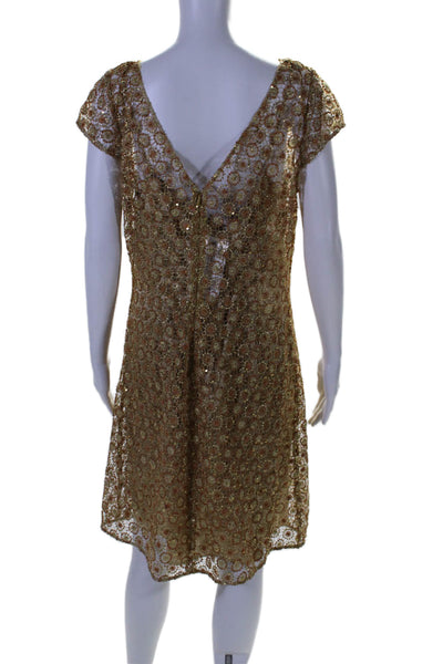 Kay Unger Women's Sleeveless Crochet Sequin A-Line Mini Dress Gold Size 14