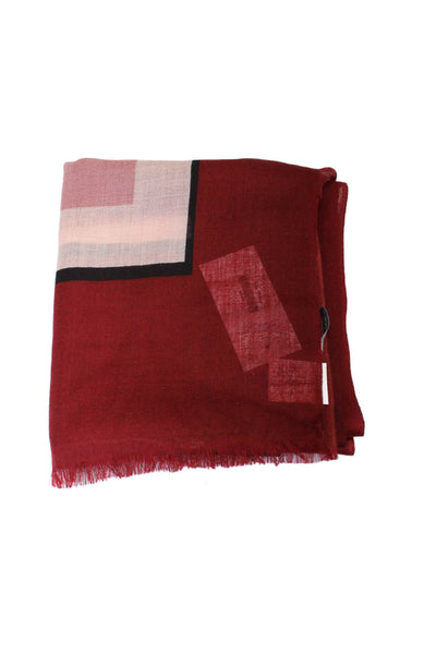 Marella Womens Wool Red Print Color Block Printed Fringe Edge Scarf