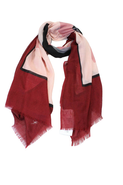 Marella Womens Wool Red Print Color Block Printed Fringe Edge Scarf