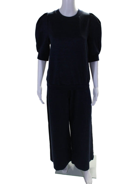 Adam Lippes Womens Linen Short Sleeves Sweat Suit Navy Blue Size Large/Small