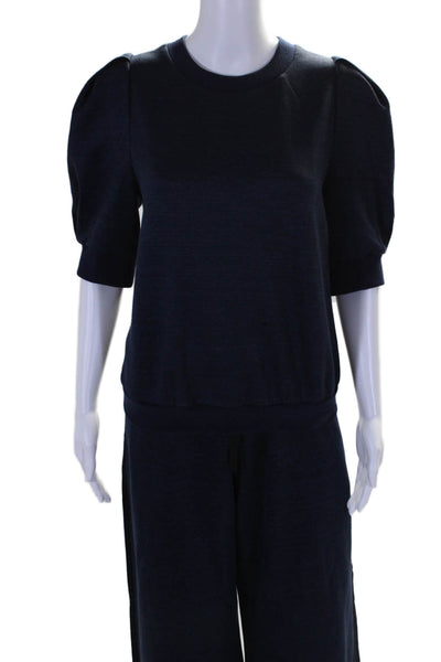 Adam Lippes Womens Linen Short Sleeves Sweat Suit Navy Blue Size Large/Small