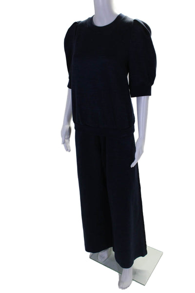 Adam Lippes Womens Linen Short Sleeves Sweat Suit Navy Blue Size Large/Small