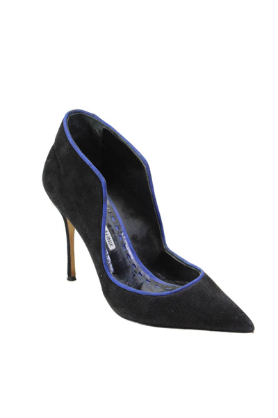 Manolo Blahnik Womens Suede Pointed Toe Stiletto Pumps Black Blue Size 38 8