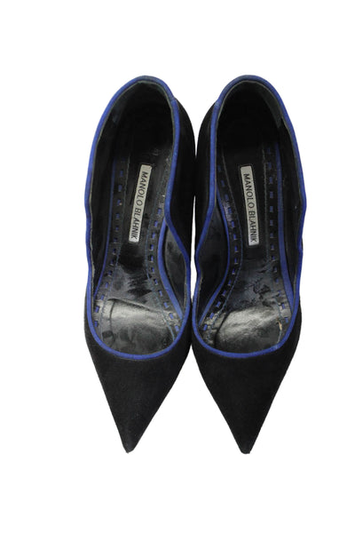 Manolo Blahnik Womens Suede Pointed Toe Stiletto Pumps Black Blue Size 38 8