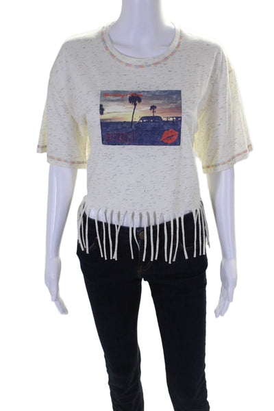 Ganni Womens Cotton Beige Graphic Print Crew Neck Fringe Detail Tee Top Size S