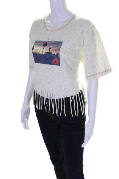 Ganni Womens Cotton Beige Graphic Print Crew Neck Fringe Detail Tee Top Size S