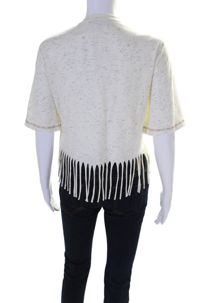 Ganni Womens Cotton Beige Graphic Print Crew Neck Fringe Detail Tee Top Size S