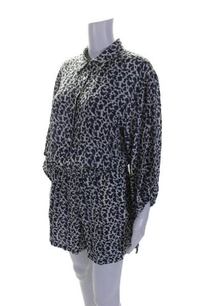 Sundays Womens Long Sleeve Abstract Print Button Down Blouson Romper Blue Size M