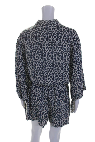 Sundays Womens Long Sleeve Abstract Print Button Down Blouson Romper Blue Size M