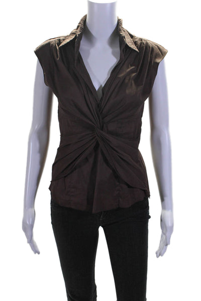 Trina Turk Womens Sleeveless Collared V Neck Twist Top Brown Cotton Size Small