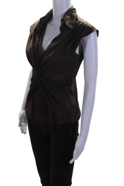 Trina Turk Womens Sleeveless Collared V Neck Twist Top Brown Cotton Size Small