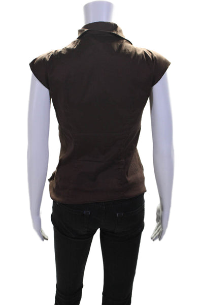 Trina Turk Womens Sleeveless Collared V Neck Twist Top Brown Cotton Size Small