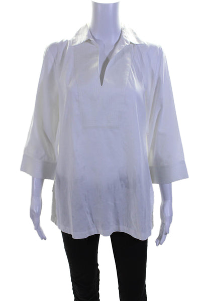 Trina Turk Womens Cotton 3/4 Sleeve Collared V-Neck Tunic Top White Size S