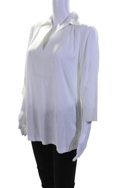 Trina Turk Womens Cotton 3/4 Sleeve Collared V-Neck Tunic Top White Size S