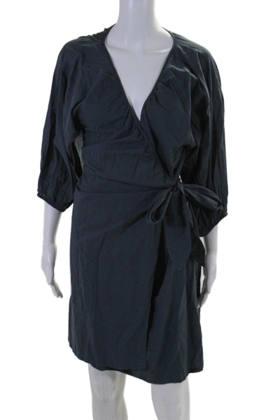 Modern Citizen Womens Cotton V-Neck Long Sleeve Belted Wrapped Dress Blue Size M