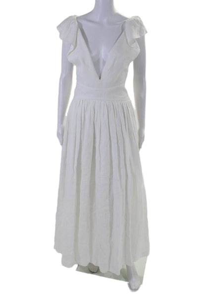 Kalita Womens Linen White V-neck Sleeveless Ruffle Fit & Flare Dress Size S