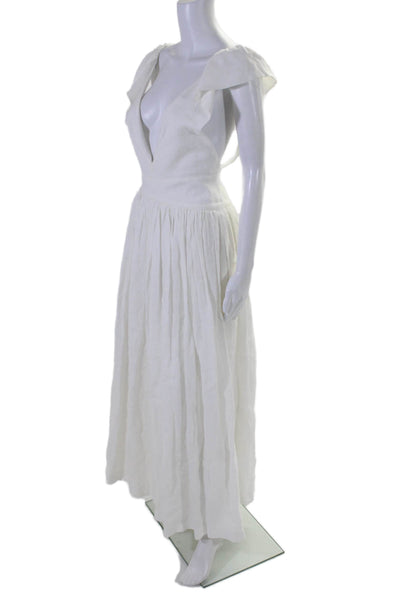 Kalita Womens Linen White V-neck Sleeveless Ruffle Fit & Flare Dress Size S