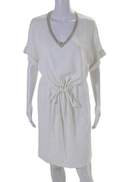 Gerard Darel Womens White V-neck Tie Waist Short Sleeve Shift Dress Size 40