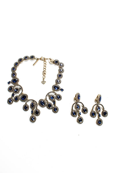 Oscar de la Renta Womens Chandelier Crystal Clip-On Earrings Necklace Set Blue