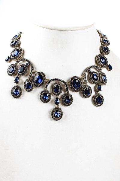 Oscar de la Renta Womens Chandelier Crystal Clip-On Earrings Necklace Set Blue