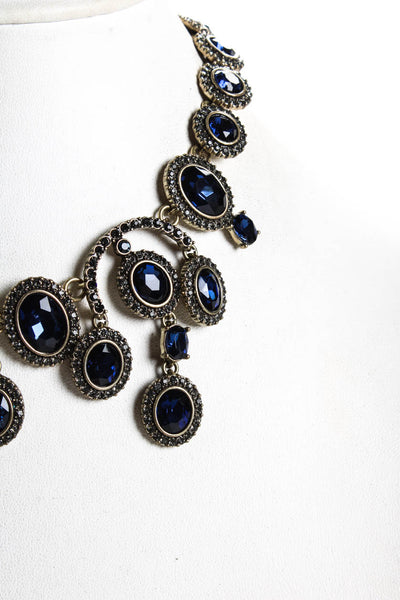 Oscar de la Renta Womens Chandelier Crystal Clip-On Earrings Necklace Set Blue