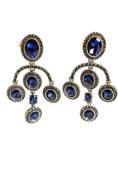 Oscar de la Renta Womens Chandelier Crystal Clip-On Earrings Necklace Set Blue