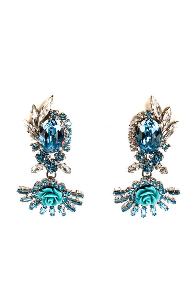 Prada Womens Blue Crystals and Resin Flower Clip On Statement Earrings