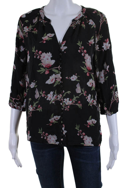 Folle de Joie Womens Long Sleeve Floral Print Scoop Neck Blouse Black Size XS