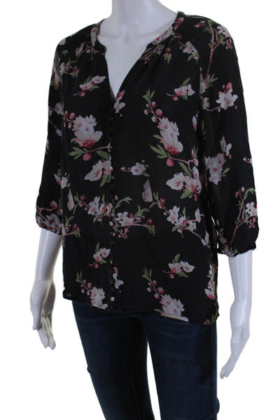 Folle de Joie Womens Long Sleeve Floral Print Scoop Neck Blouse Black Size XS