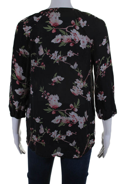 Folle de Joie Womens Long Sleeve Floral Print Scoop Neck Blouse Black Size XS