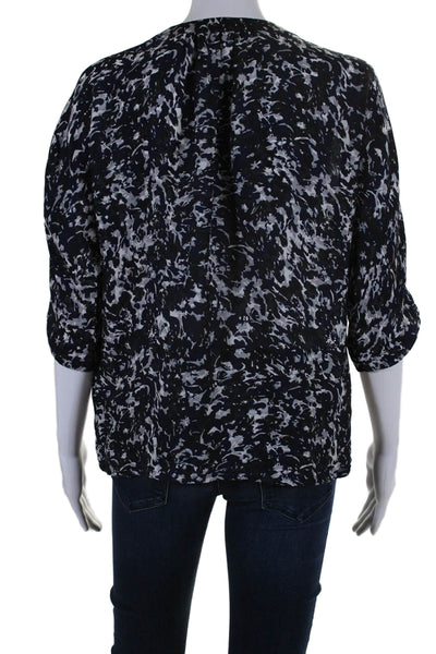 Folle de Joie Womens Long Sleeve Scoop Neck Abstract Print Blouse Silk Blue XS