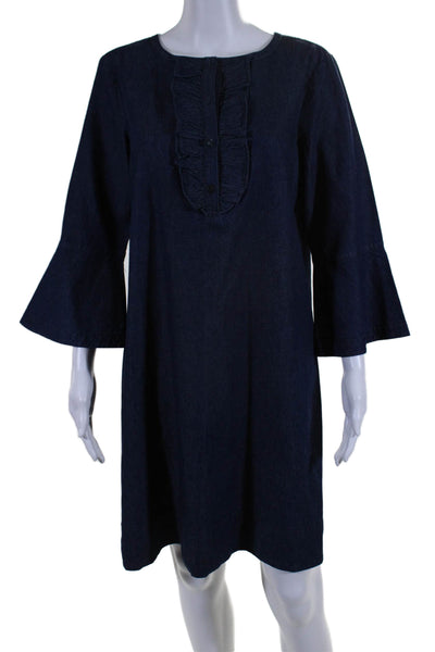 Draper James Womens Ruffled Half Button Down Shirt Dress Blue Cotton Size 8