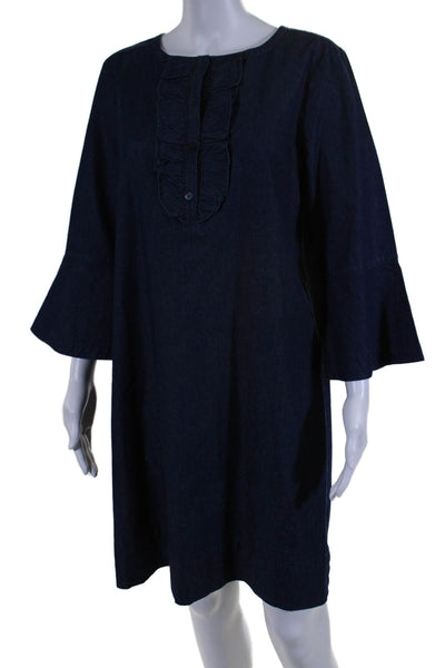 Draper James Womens Ruffled Half Button Down Shirt Dress Blue Cotton Size 8