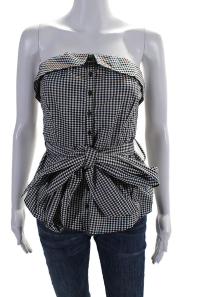 Intermix Womens Cotton Gingham Print Button Up Strapless Top Black Size P