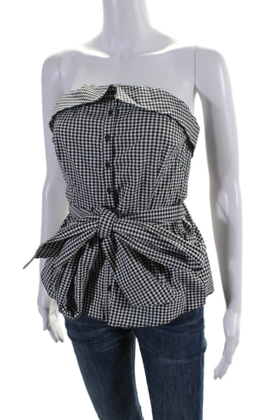 Intermix Womens Cotton Gingham Print Button Up Strapless Top Black Size P