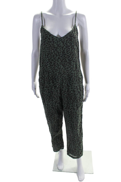 Sundry Womens Back Zip Spaghetti Strap V Neck Leopard Jumpsuit Green Size 1