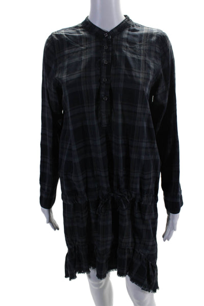 NSF Womens Long Sleeve Crew Neck Fringe Plaid Shirt Dress Gray Size Petite