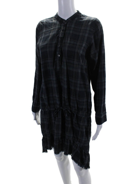 NSF Womens Long Sleeve Crew Neck Fringe Plaid Shirt Dress Gray Size Petite