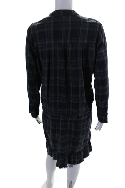 NSF Womens Long Sleeve Crew Neck Fringe Plaid Shirt Dress Gray Size Petite