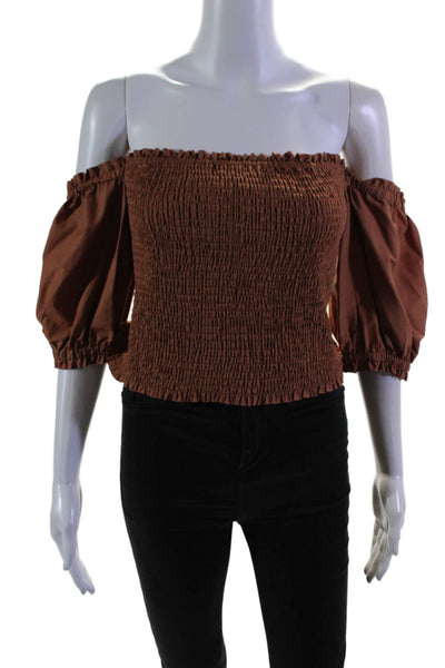 Intermix Womens Cotton Brown Smocked Off Shoulder 3/4 Sleeve Blouse Top Size L