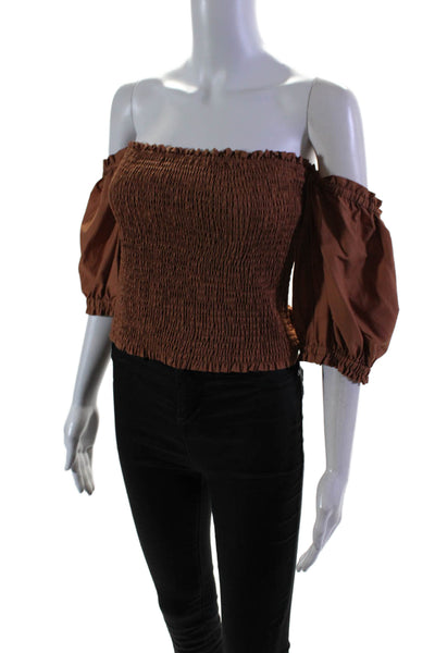 Intermix Womens Cotton Brown Smocked Off Shoulder 3/4 Sleeve Blouse Top Size L