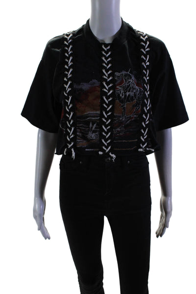 First Of A Kind Womens Cotton Graphic Print Lace Up Cropped T-Shirt Black Size S