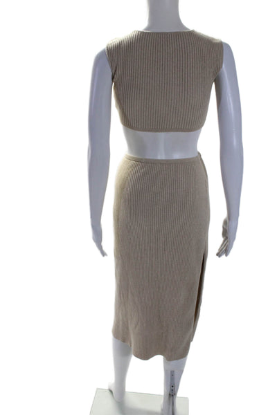 Everyday Womens Rib Knit Elastic Waist Long Sleeveless Skirt Set Beige Size XS