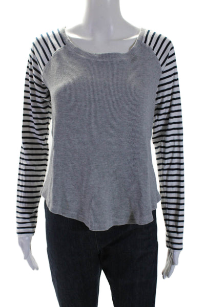 Splendid Womens Long Sleeve Scoop Neck Striped Waffle Knit Top Gray White Small