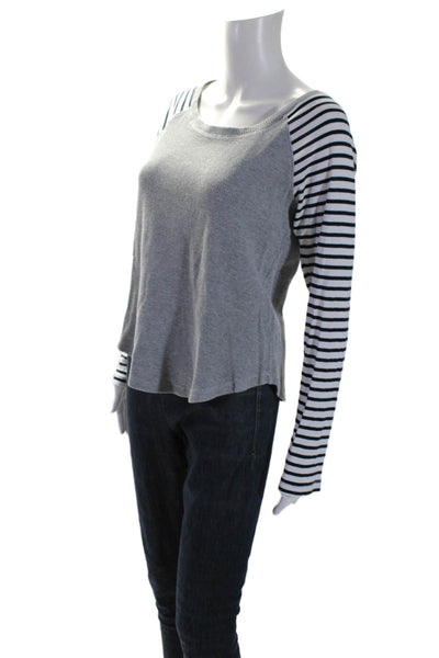 Splendid Womens Long Sleeve Scoop Neck Striped Waffle Knit Top Gray White Small