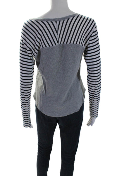 Splendid Womens Long Sleeve Scoop Neck Striped Waffle Knit Top Gray White Small