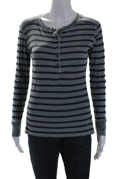 Stateside Womens Long Sleeve Scoop Neck Striped Knit Shirt Gray Blue Size Small