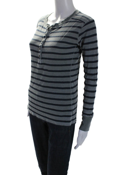 Stateside Womens Long Sleeve Scoop Neck Striped Knit Shirt Gray Blue Size Small