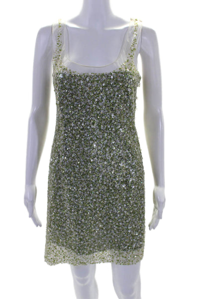 Lela Rose Womens Zip Up Scoop Neck Mesh Sequin Overlay Dress White Green Size 6